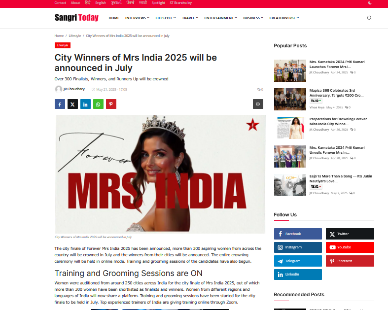 City Winners of Mrs India 2025 will be announced in July