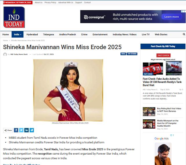 Shineka Manivannan Wins Miss Erode 2025
