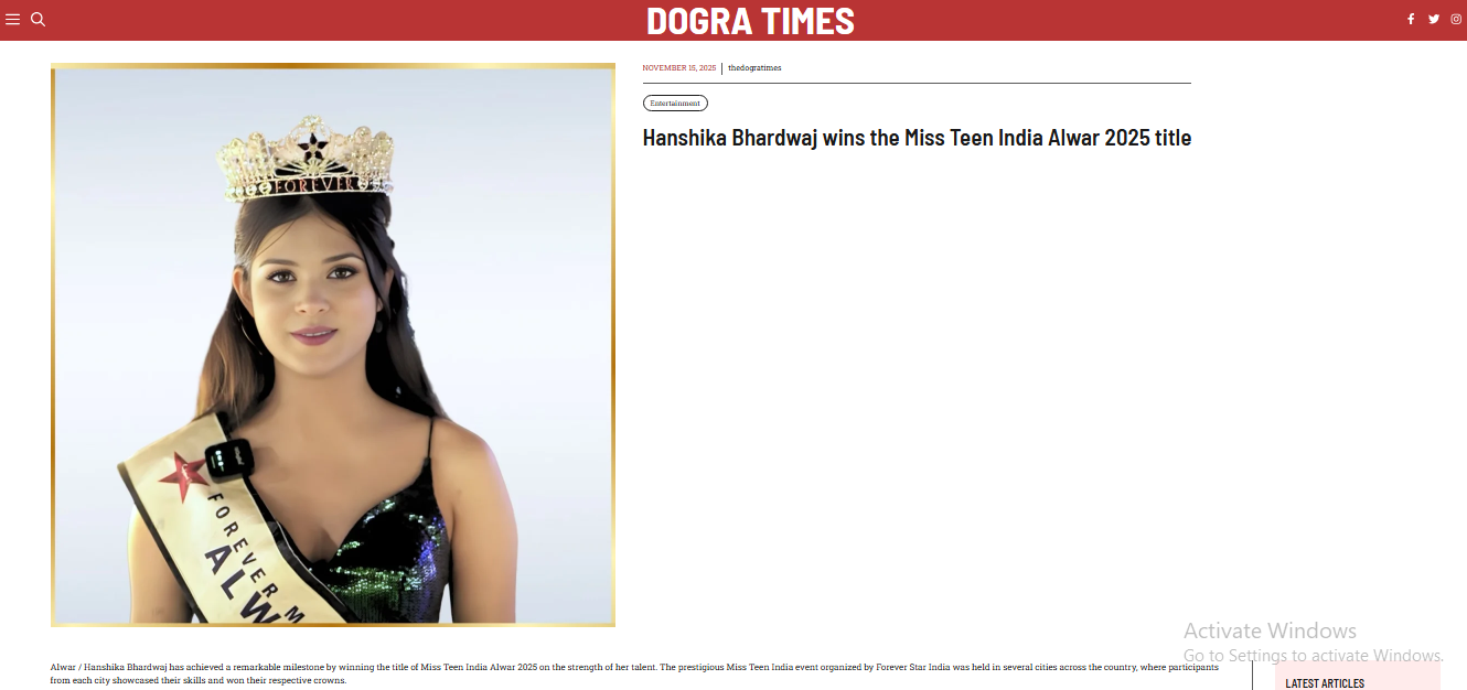 Hanshika Bhardwaj wins the Miss Teen India Alwar 2025 title