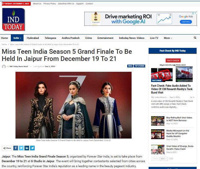 Miss Teen India Season 5 Grand Finale to Be Held in Jaipur from December 19 to 21