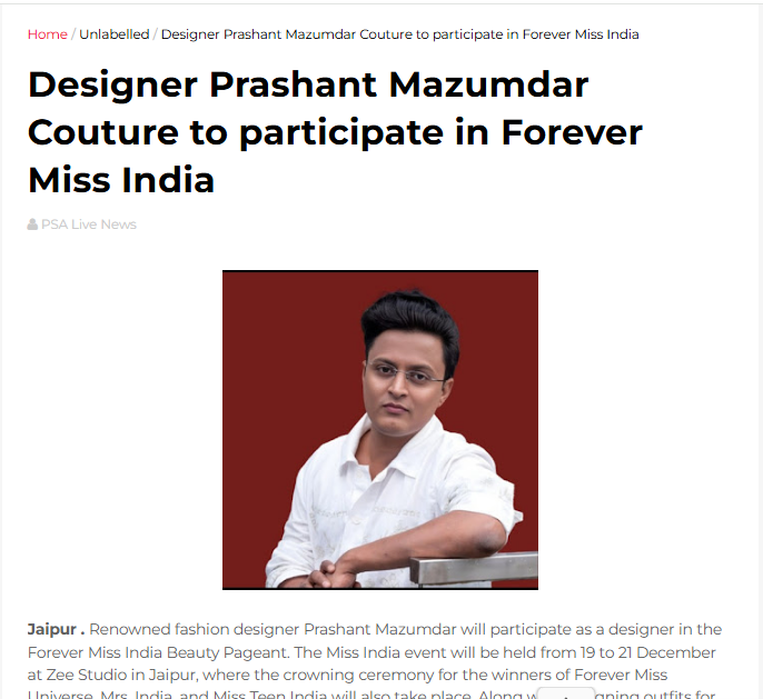 Designer Prashant Mazumdar Couture to participate in Forever Miss India